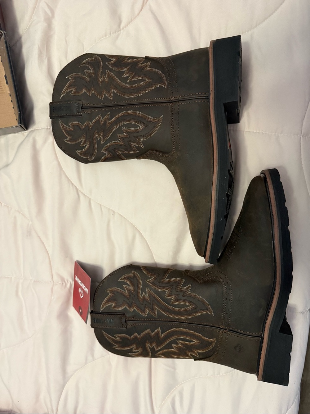 Wolverine Dark Brown Western Work Boots with Embroidered Shaft